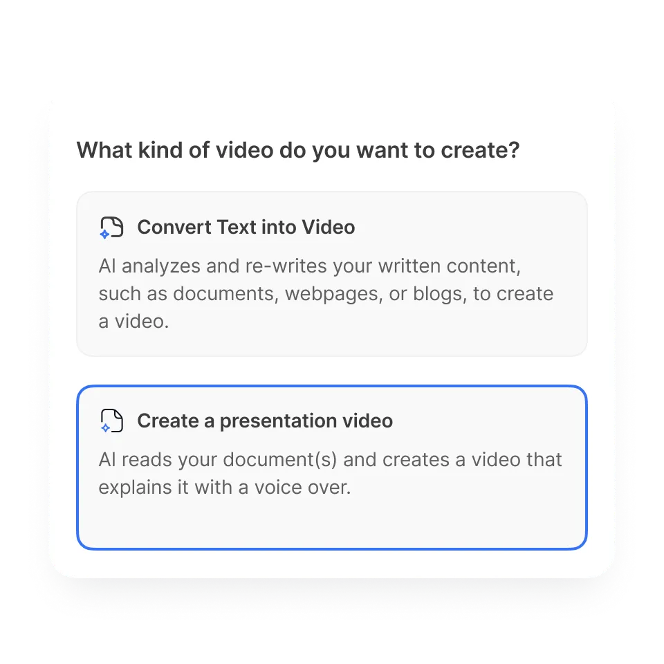 Choose 'Create Presentation Video' to begin structuring your curriculum explainer video visually.